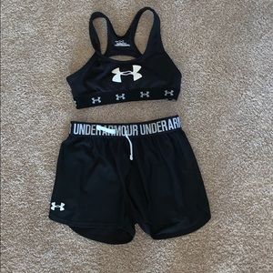 Black Under Armour athletic shorts and sports bra